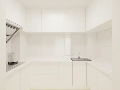 Modern White Kitchen Interior With Cabinets Countertops Sink And Range Hood 3d model