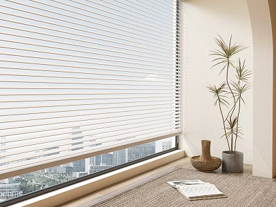 White Venetian Blinds Covering Large Window with City View and Indoor Plants 3d model