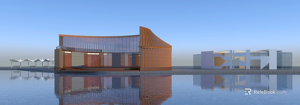 Modern Pergola Design With Wooden Structure Glass Elements And Water Reflection 3d model