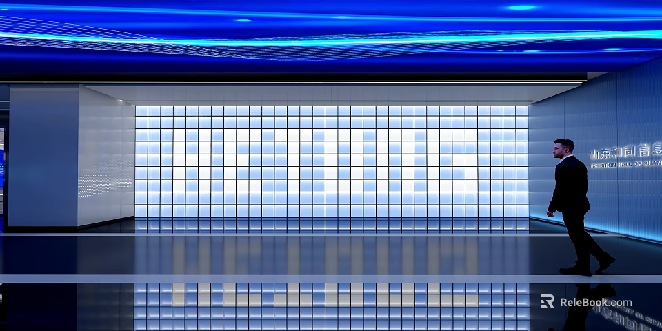 Modern Indoor Space Featuring Blue Light Streaks Grid Glass Wall And Reflective Floor 3d model 