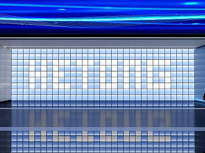 Modern Indoor Space Featuring Blue Light Streaks Grid Glass Wall And Reflective Floor 3d model