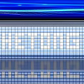Modern Indoor Space Featuring Blue Light Streaks Grid Glass Wall And Reflective Floor