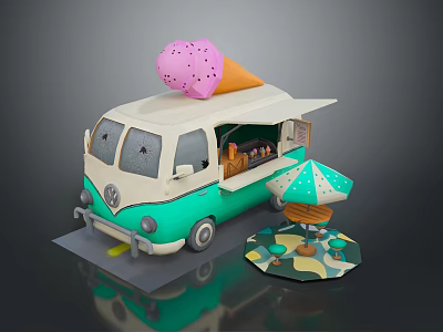 Cute Turquoise Cream Ice Cream Truck With Pink Ice Cream Cone And Umbrella Table 3d model