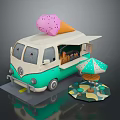 Cute Turquoise Cream Ice Cream Truck With Pink Ice Cream Cone And Umbrella Table