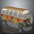 Vintage Volkswagen Van Decorated With Colorful Floral Patterns And Wooden Roof Rack