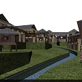 Aerial View Planning of Resort Community With Lush Trees Swimming Pool Water Channels and Green Landscape