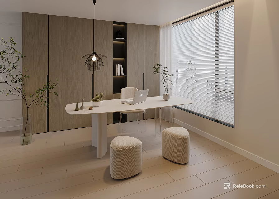 Modern Home Office With White Desk Stools Bookshelf Pendant Light And Potted Plants 3d model 