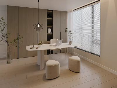 Modern Home Office With White Desk Stools Bookshelf Pendant Light And Potted Plants 3d model
