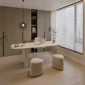 Modern Home Office With White Desk Stools Bookshelf Pendant Light And Potted Plants