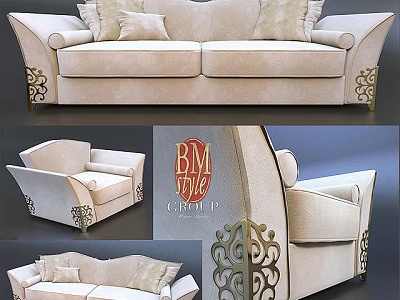 Elegant Beige Sofa Set With Carved Decorative Details And Soft Cushions 3d model
