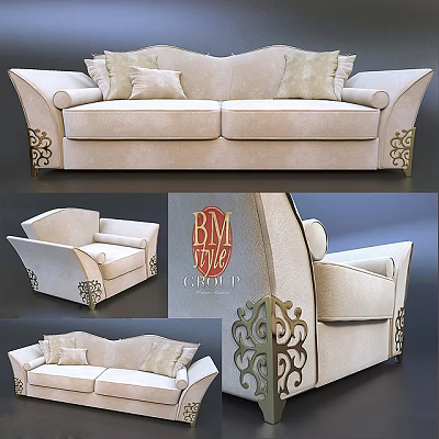 Elegant Beige Sofa Set With Carved Decorative Details And Soft Cushions 3d model