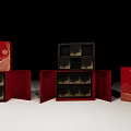 Decorative Ornament Set with Red Display Cabinets and Logo Packaging Boxes 3d model