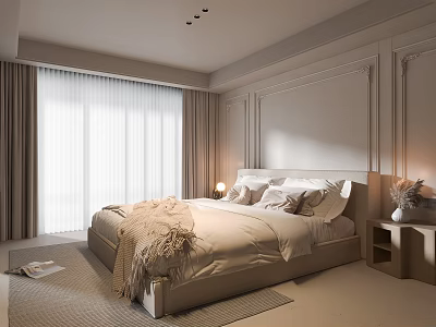Elegant Modern Bedroom Interior With King Bed Neutral Bedding Bedside Table And Curtains 3d model