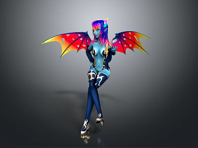 Blue Fantasy Creature With Rainbow Hair Colorful Wings Tight Outfit And High Heels 3d model