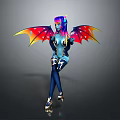 Blue Fantasy Creature With Rainbow Hair Colorful Wings Tight Outfit And High Heels