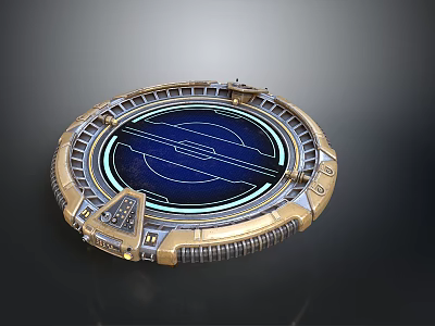 Futuristic Circular Tech Device With Blue Glowing Screen And Metallic Gold Silver Frames 3d model