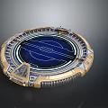 Futuristic Circular Tech Device With Blue Glowing Screen And Metallic Gold Silver Frames 3d model