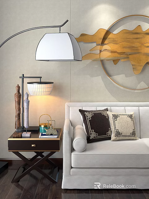 Elegant Side Table with Table Lamp Books Decor Next to Sofa Pillows and Wall Art 3d model 