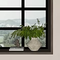 Ceramic Vase With Green Foliage And Blooms On Windowsill With Books Decor Overlooking Lake Mountains
