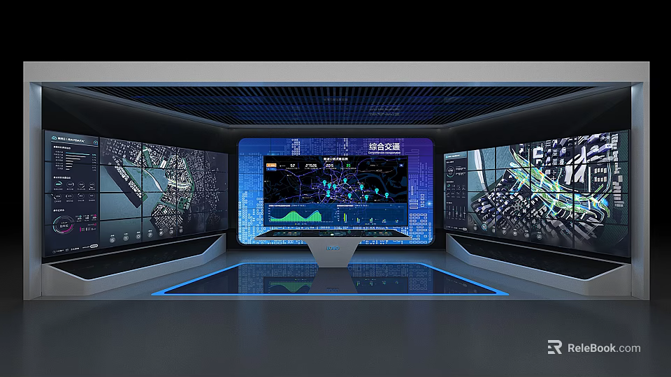 Modern Digital Control Room With Multiple Screens And Data Monitoring 3d model 