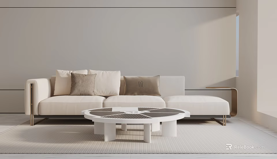 Light Colored Three Seater Sofa With Decorative Pillows And Round Coffee Table 3d model 