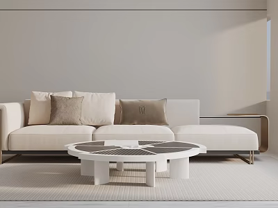 Light Colored Three Seater Sofa With Decorative Pillows And Round Coffee Table 3d model