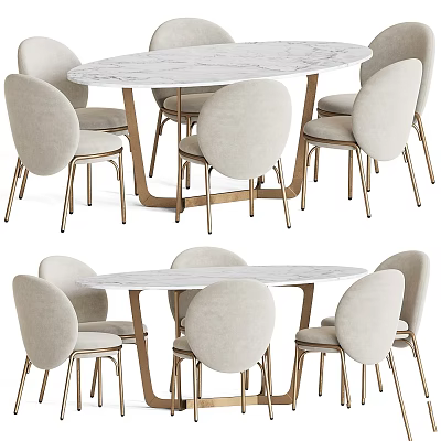 Elegant Modern Oval Marble Dining Table With Beige Upholstered Gold Metal Leg Chairs 3d model