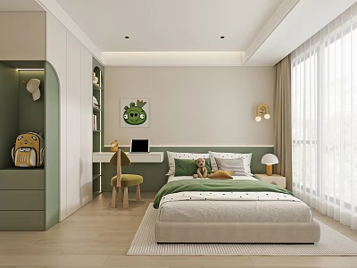 Modern Kids Room Interior With Green Bed Desk Cabinet And Cartoon Painting 3d model