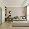 Modern Kids Room Interior With Green Bed Desk Cabinet And Cartoon Painting
