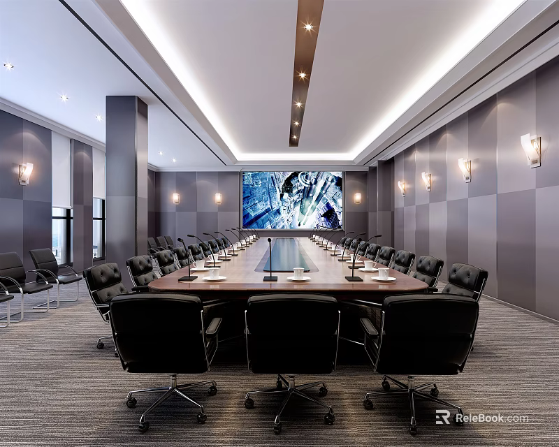 Modern Conference Room Interior With Long Table Black Chairs And Large Screen 3d model 