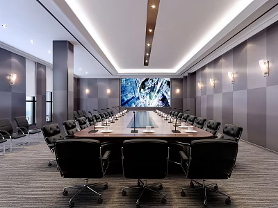 Modern Conference Room Interior With Long Table Black Chairs And Large Screen 3d model