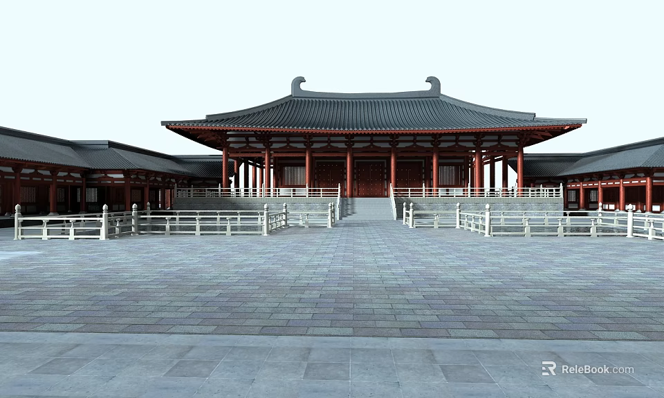 Traditional Chinese Ancient Architecture with Classic Black Roof Wooden Columns and Front Stone Plaza 3d model 