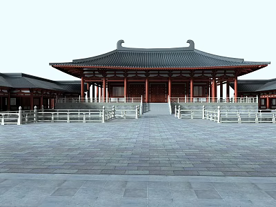 Traditional Chinese Ancient Architecture with Classic Black Roof Wooden Columns and Front Stone Plaza 3d model