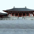 Traditional Chinese Ancient Architecture with Classic Black Roof Wooden Columns and Front Stone Plaza