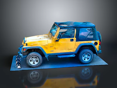 Yellow Jeep with Blue Roof Black Windows and Large Tires on Blue Platform Gray Background 3d model