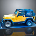 Yellow Jeep with Blue Roof Black Windows and Large Tires on Blue Platform Gray Background