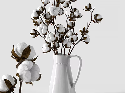 White Ceramic Vase With Natural Cotton Flowers And Branches For Home Decor 3d model