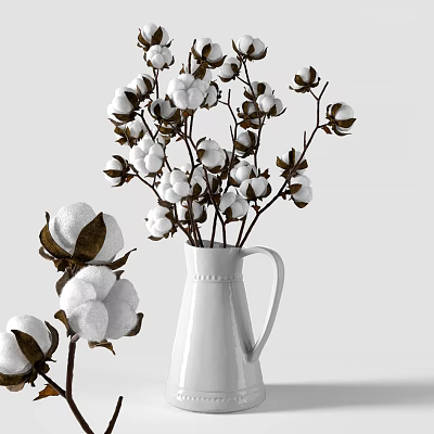 White Ceramic Vase With Natural Cotton Flowers And Branches For Home Decor 3d model