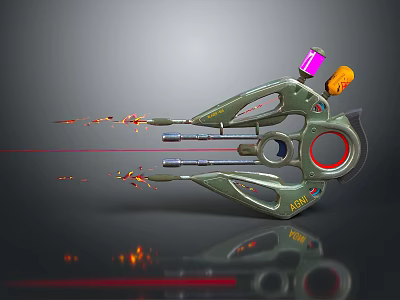 Futuristic Sci Fi Weapon With Green Metallic Design Laser Beam And Flames 3d model