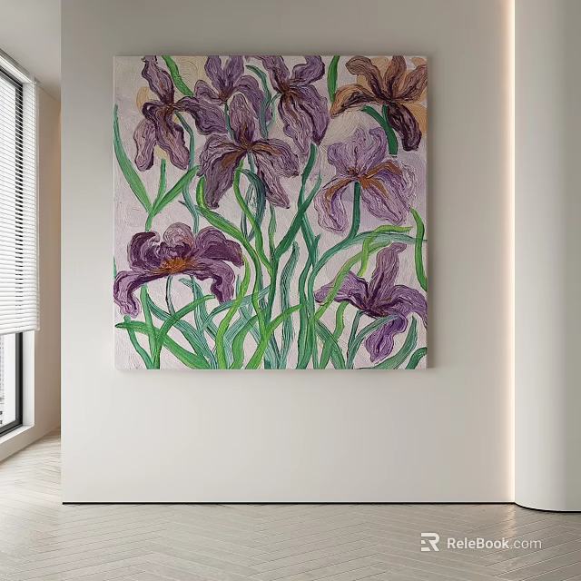 Abstract Painting Featuring Purple Irises and Green Stems in Modern Interior Wall Decor 3d model 