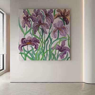 Abstract Painting Featuring Purple Irises and Green Stems in Modern Interior Wall Decor 3d model