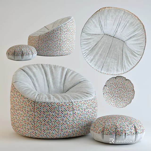 Colorful Patterned and Gray Solid Bean Bag Chair with Soft Fabric Comfortable Seating 3d model 