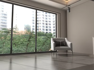 Modern Minimalist Interior With Large Windows Green Plants Gray Tiled Floor And White Armchair 3d model