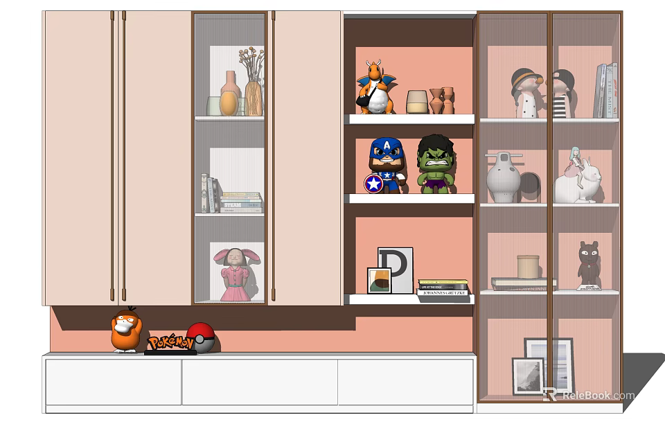 Stylish Modern Bookcase With Multiple Shelves Holding Decorative Figurines Toys And Books 3d model 