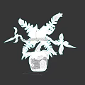 3D Character Biological Creature with Blue White Leaves Flowers and Label in White Pot