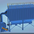 Blue Industrial Baghouse Dust Collector With Yellow Safety Railings And Fan Unit