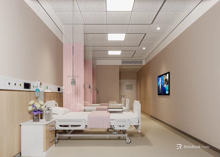 Bright Modern Hospital Ward Interior With Beds White Nightstands Pink Curtains And TV 3d model 