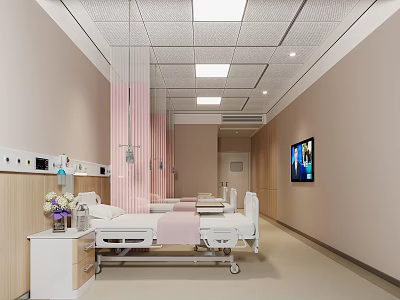 Bright Modern Hospital Ward Interior With Beds White Nightstands Pink Curtains And TV 3d model