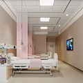Bright Modern Hospital Ward Interior With Beds White Nightstands Pink Curtains And TV