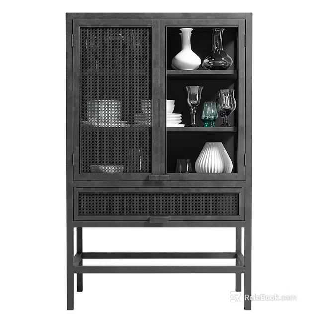 Modern Black Sideboard With Rattan Doors Glass Shelves And Decorative Vases Plates 3d model 